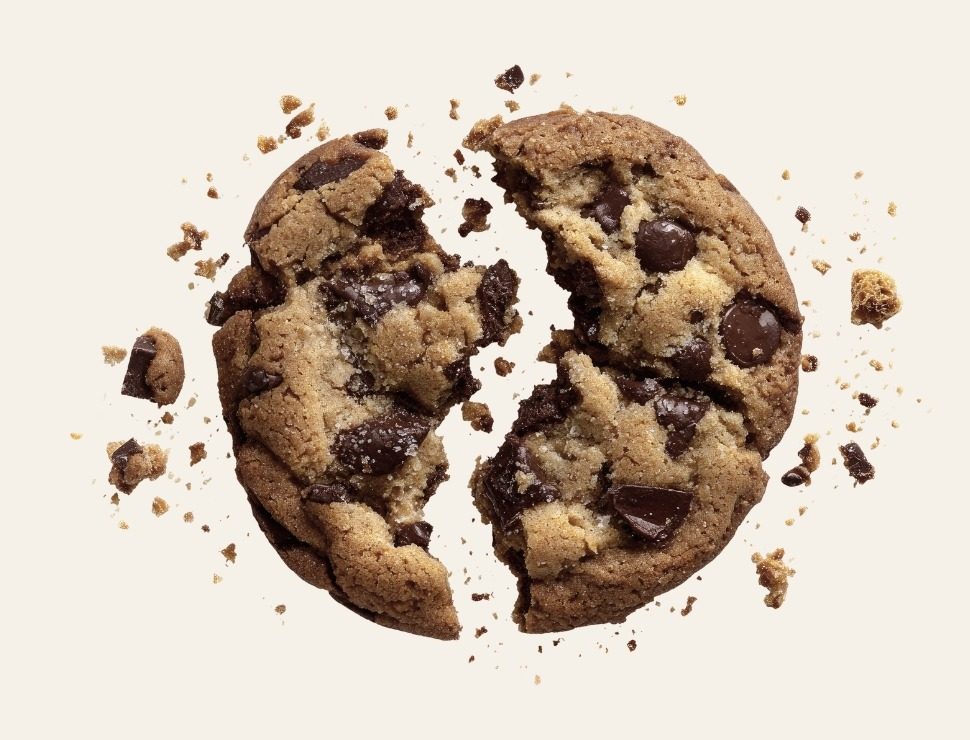 Cookie Classic & Co. partida ao meio, com migalhas de chocolate