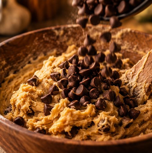Gotas de chocolate sendo despejadas na massa